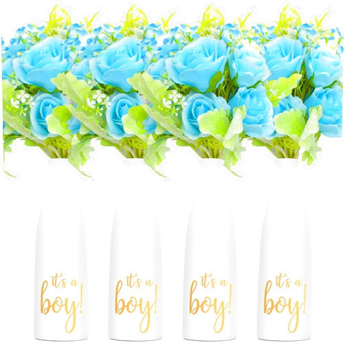 Ethisa 4 Pack It's a Boy Flower Vases - Baby Shower Decoration Centerpieces for Boys with Baby Blue Bouquets - Baby Prince and Baptism Party Table Decor and Bloom Floral Kit - Cute Aqua and Gold Theme