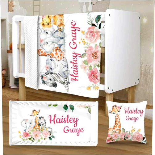 YISMEET Custom Baby Crib Deer Sets, Gifts for Boys and Girls, Personalized Crib Bedding Sets with Name, Including Pillowcase, Crib Sheet, Double Layer Blanket
