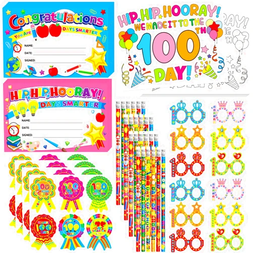 Treasure Cove 120Pcs 100th Day of School Kit Teacher Favor Kit 100 Days Include Color Pages, Reward Badge Stickers, Paper Glasses, Certificates and Pencils for Celebration Party Favors School Supplies