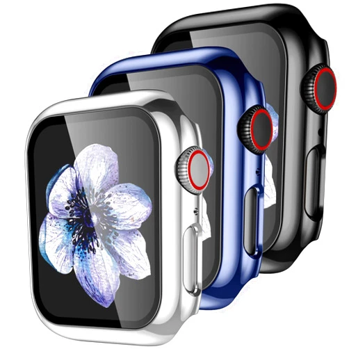 Easuny 【3 Pack】 Easuny Design for Apple Watch Case 44mm Series 6 SE Series 5 4 with Built-in Glass Screen Protector - Overall Protective Hard Cover Accessories for iWatch Women Men,Black Sea-Blue Silver