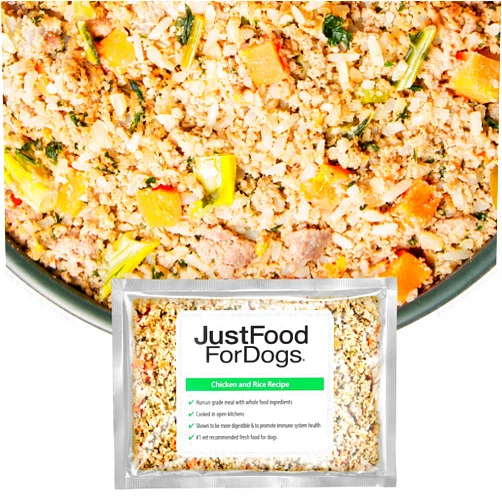 JustFoodForDogs Frozen Fresh Dog Food, Complete Meal or Dog Food Topper, Chicken & Rice Human Grade Dog Food Recipe, 72 oz (Pack of 7)