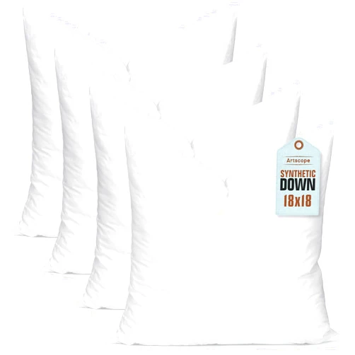 Artscope Synthetic Down Pillow Insert, 18x18 Down Alternative Throw Pillow Insert. Ultra Soft Fluffy Sleeping Pillow with 100% Cotton Cover, Decorative Pillows Set of 4-White.