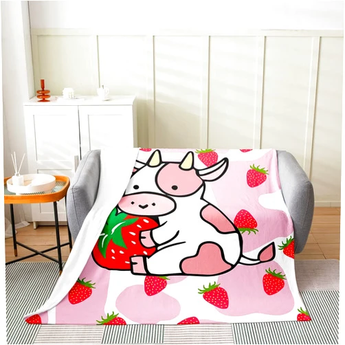 Feelyou Cartoon Cow Pattern Fleece Throw Blanket Kids,Pink Strawberry Cow Fuzzy Blanket for Bed Sofa Couch,All Season 3D Animals Theme Bed Blanket Breathable Plush Blanket Room Decor Baby 30