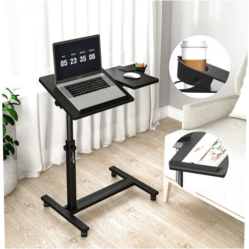 Panta Height Adjustable Rolling Laptop Stand, Overbed Table with 2 Tilting Desktops, Mobile Laptop Table for Couch with Cup Holder, Mobile Computer Workstation for Office, Home and Hospital