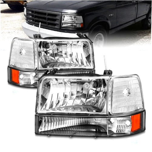 AmeriLite for 1992-1996 Ford F150 F250 F350 Bronco Truck Chrome Replacement Headlight Assembly w/Bumper Corner Lamp Set - Driver and Passenger Side