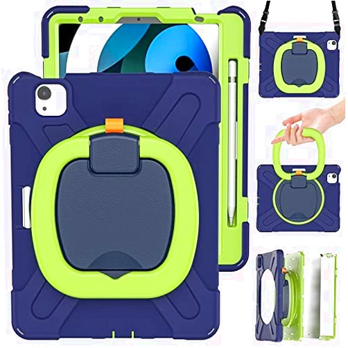 MEEgoodo Case for iPad Pro M2 12.9 Case 6th/5th/4th/3rd Generation 2022 2021 2020 2018, Tablet Cover with Pencil Holder/Rotating Stand/Shoulder Strap for Kids, Navy Blue Lime