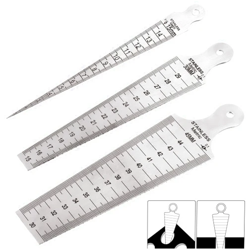 Glarks 3Pcs Inch & Metric Taper Gage Set 1-15mm(1/32-5/8inch), 15-30mm(5/8-1-3/16inch), 30-45mm(1-3/16-1-3/4inch) Stainless Steel Gap Hole Taper Welding Gauge for Measuring Cylindrical Bores