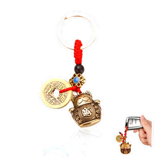 NIIIYTYB Lucky Cat Keychain with 5 Feng Shui Coins Vintage Chinese Good Luck Charm Fortune Keeper Wealth Prosperity Tassel Keychain Lucky Cat Decor Pendant for Good Luck Fortune and Wealth