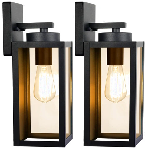 BesLowe Outdoor Wall Light Fixtures, Exterior Waterproof Lanterns, Porch Sconces Wall Mounted Lighting with E26 Sockets & Glass Shades, Modern Matte Black Wall Lamps for Patio Front Door Entryway, 2-Pack