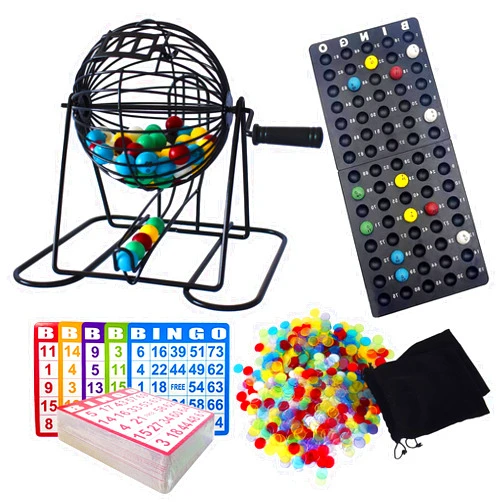 Yuanhe Deluxe Bingo Game Set - Metal Round Cage, 75 Colored Bingo Balls, 100 Bingo Cards, 500 Mixed Chips and Master Board for Large Groups, Parties
