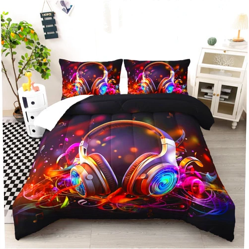 Ntlfup Music Bedding Set for Boys and Girls, Full Size Galaxy Headphones Comforter with Colorful Rainbow Quilt Design, 3 Piece Music Comforter Set Perfect for Kids and Teens