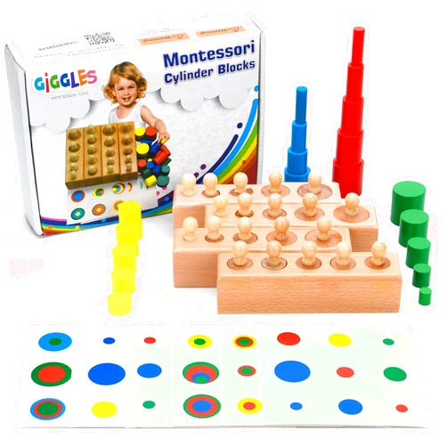 Giggles Montessori Cylinder Montessori Blocks Knobbed Cylinders Wooden Materials Baby Game Ball Mini Stacking Miniatures Color Early Development Toys Toddler Colors