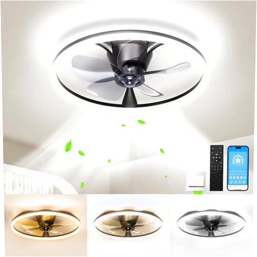 BYHUME Ceiling Fans with Lights and Remote, 20'' Flush Mount Ceiling Fan of 150° Ultra Wide, Low Profile Ceiling Fan with 6 Speeds, 3000-6500K Dimmable Led for Bedroom Livingroom, Black