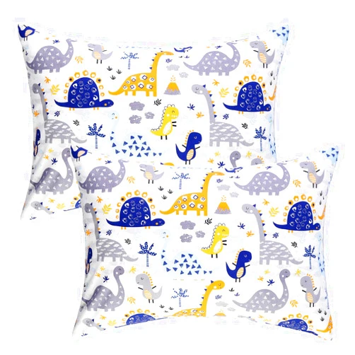 IBraFashion Kids Toddler Pillowcases 2 Packs Boy 100% Cotton 14x19 Fits Toddler Bedding Pillow 14x19, 13x18 Small Pillow (Blue Dinosaurs)