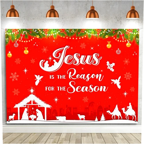 Tiamon Christmas Religious Backdrop Jesus is The Reason for The Season Xmas Photography Background Nativity Banner for Christmas Party Eve Fireplace Decoration(7 x 5 ft)