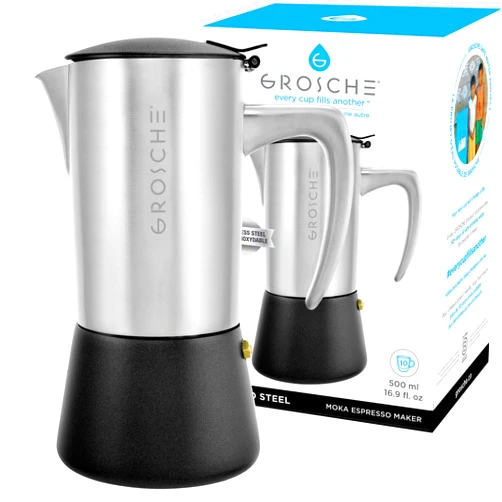 GROSCHE Milano Steel | 10 Espresso Cup | Stovetop Espresso Maker: Stainless Steel Moka Pot for Greca, Induction, Electric & Gas Stoves | Dishwasher Safe Stovetop Espresso Maker Moka Pot