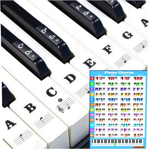 Junlego Piano Keyboard Stickers with Piano Chord Chart,for 88/61/54/49 Key,Note Letters Labels for Beginners and Young Kids Piano Notes Guide Piano Key Stickers Learn Electronic Piano (Black)
