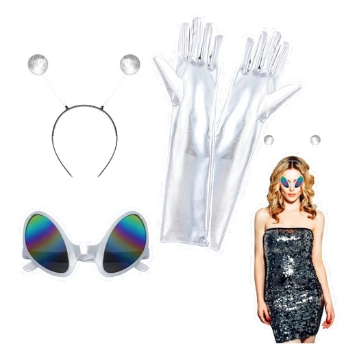 Heliltd 3pcs Alien Costume Accessories Set Martian Alien Antenna Headband and Sliver Glasses Alien Gloves for Woman Halloween Party
