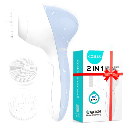 COSLUS Facial Cleansing Brush Silicone Face Scrubber: 2 in1 FBS-D Electric Exfoliating Massage Device Waterproof Deep Cleaning Exfoliation Rotating Spa Machine - Electronic Skin Care Wash Clean System