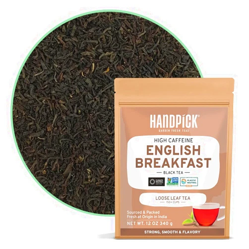 HANDPICK, English Breakfast Tea Loose Leaf (340g/12oz) Strong, Robust, High Caffeine Black Tea Loose Leaf | Non-GMO | Resealable, Ziplock Pouch | Brew Hot, Iced or Kombucha tea | Assam Black Tea