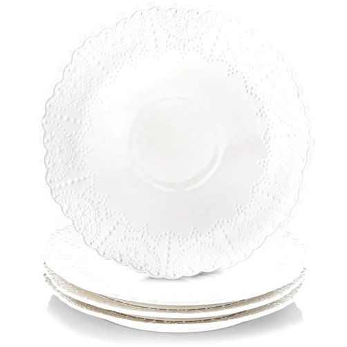 AVLA 4 Pack Ceramic Dinner Plates, Large Porcelain Serving Dish, 11.5 In White Round Salad Dessert Plate for Restaurant, Kitchen, Party, Microwave Dishwasher Oven Safe, Embossed Lace Pattern