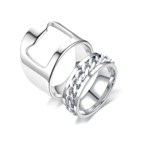 COLORFUL BLING 2 Pieces Rings Bottle Opener, Stainless Steel Beer Bottle Opener, Spinner Chain Thumb Finger Ring, Cool Creative Men Women Bottle Opener for Family Party Gift Supplies-silver9