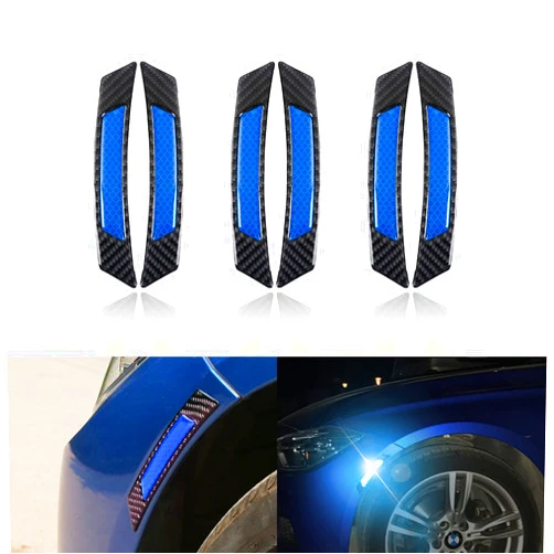 Fogfar 6 Pack Car Door Reflective Stickers, Carbon Fiber Anti-Collision Strips, Safety Warning Auto Exterior Wheel Eyebrow Stickers, for Car Side Bumper Fenders Truck Wheel Well Arch (Black & Blue)