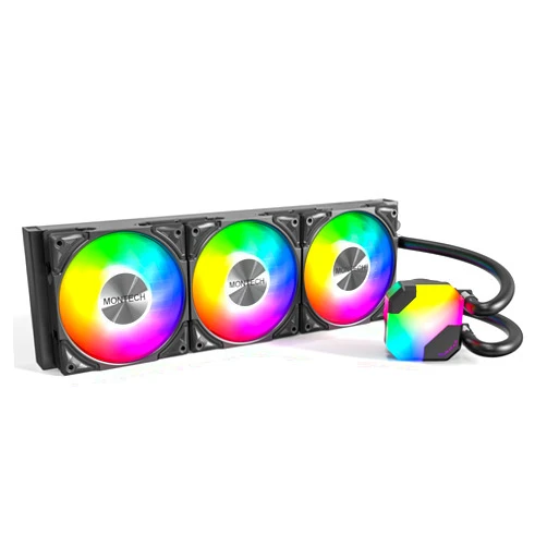MONTECH HyperFlow ARGB 360 - AIO CPU Liquid Cooler, Intel&AMD Compatible, Chart-Topping Performance, Enhanced 3100RPM Water Pump Design, 3X Metal Pro 12 ARGB Ultimate Cooling Fans - Black