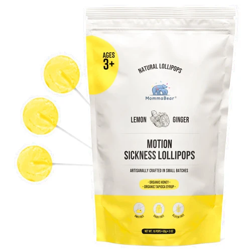 MommaBear Natural Motion Sickness & Pregnancy Nausea Relief Lollipop - Handcrafted with Organic Honey, Lemon & Ginger Lollipops - Stomach Upset Suckers for Adults, Pregnant Women, and 3+ Kids,10 Pack