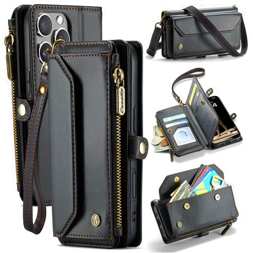 WAWZ for iPhone 16 Pro Case, Women Men Multi-Function Wallet Case with Stand RFID Blocking Featuring Magnetic Closure Zipper Includes Shoulder Strap Wrist Strap (Black)