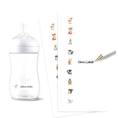 ThreeKin Collective ThreeKin Waterproof Labels for Bottles & Containers - 72 Custom Stickers | All-Purpose & Personalizable | Dishwasher, Freezer & Microwave Safe | BPA-Free | USA-Owned (Woodland Animals)