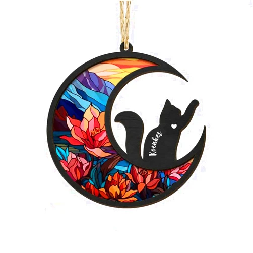 Glorine Cat Memorial Suncatcher Ornaments, Personalized with Name, Loss of Pet Sympathy Suncatcher Gifts for Cat Lovers, 3.1in Stained Glass Look Acrylic Ornament (Cat)