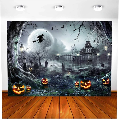 Avezano Halloween Photography Backdrop Full Moon Scary Night Castle Pumpkins Party Background Spooky Witch Bats Cemetery Child Kids Halloween Party Decorations Photoshoot Backdrops (7x5ft, Gray)