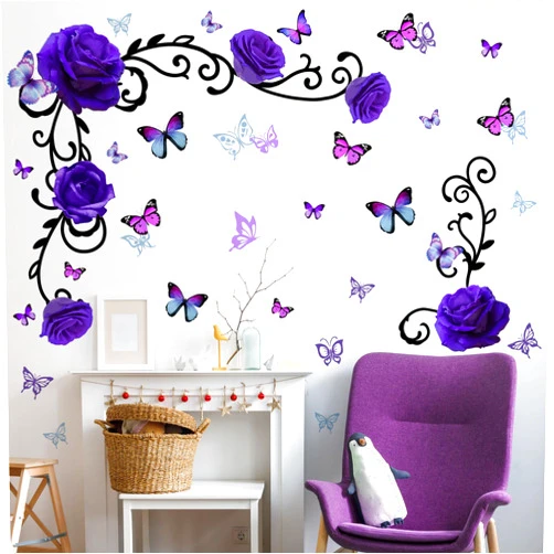 Buiory Removable Purple Floral Rose Wall Decor 3D Peel and Stick Flower Vine Black Plants Vines Leaf Wall Stickers Flying Butterfly Wall Decals for Kids Girls Baby Bedroom Nursery Living Room (Purple)