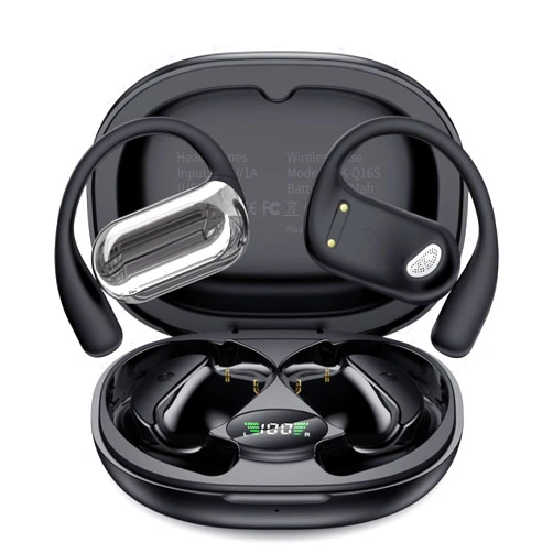 EUQQ Open Ear Bluetooth 5.4 Earbuds, Wireless Headphones Sport Over Earphones Built-in Mic with Ear Hooks 50H Playtime Ear Buds LED Display Charging Case, Waterproof Design for Running Fitness, Black
