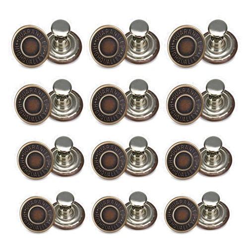 Bofoho 12 Sets of Vintage Adjustable Jean Button Pins 3/4 Inches No Sew Instant Button for Loose Jeans Replacement with Assorted Rivet Pins to Tighten and Make Smaller