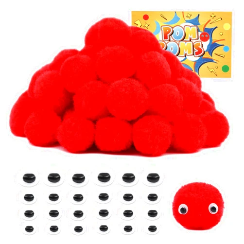 LOKUNN 1 Inch Pom Poms, Red Pom Poms for Arts and Craft, Soft and Fluffy Pom Pom Balls with Self-Adhesive Eyes, Pompoms for DIY Art Creative Crafts