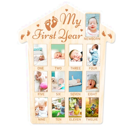 ORIGACH My First Year Baby Growth Photo Display Wood Board - 12 Months Newborn Milestones Picture Frame - Neutral Baby Keepsake Frame 1st Birthday Party Nursery Decor New Mom Gift - Footprint Pattern