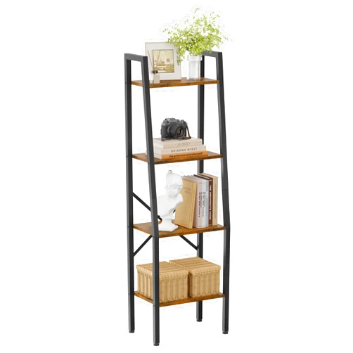 Hoctieon Ladder Shelf Bookcase, 4-Tier Industrial Tall Ladder Bookshelf with Metal Frame for Living Room, Kitchen, Home Office, Bedroom, Rustic Brown
