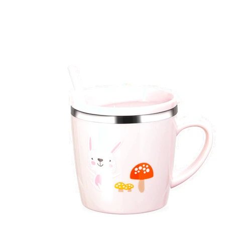 Valueder Kids Baby Toddler Cups Mug Sippy Learning Trainer Cup for Milk Coffee Hot Chocolate Stainless Steel Trainer Straw Cup with Lid, Rabbit, 7oz/Peacock pink
