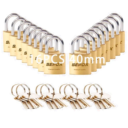 SEPOX 16 Pcs 40mm Heavy-Duty Solid Brass Padlocks with Same Keys 24 Pcs, Weather Proof Body 40mm 1-9/16