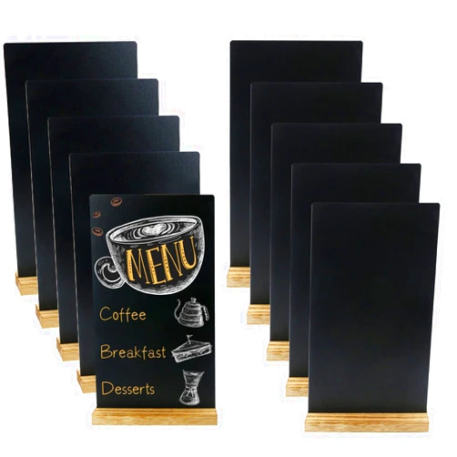 Bercoor 10 Pack Mini Tabletop Chalkboard Signs with Wood Base, Message Chalkboard Sign for Party, Restaurant, Wedding Table Numbers, 6 x 9.84 Inch