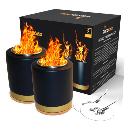 RASAKASO Modern Tabletop Fire Pit 2 Pack - Portable Concrete Smokeless Fire Pit for S'Mores, Lighting and Centerpiece Decor - S'Mores Sticks - Small Indoor & Outdoor Smores Fire Pit, Black