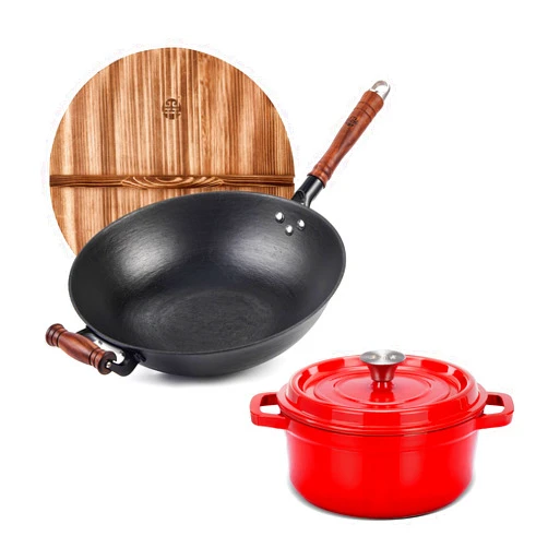 WANGYUANJI 12 inch Cast Iron Wok Pan with Enameled Dutch Oven Pot