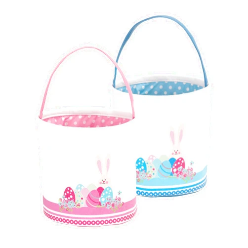 LessMo 2 Pcs Easter Bunny Basket Easter Egg Buckets, Blue Pink Cute Personalized Canvas Cotton Tote Bags Egg Hunt Basket for Easter Party Gifts