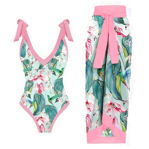 IMEKIS Women 2 Pieces Beach Swimsuit Floral Print Tropical Bikini Swimsuit with Cover up Wrap Skirt Bathing Suits