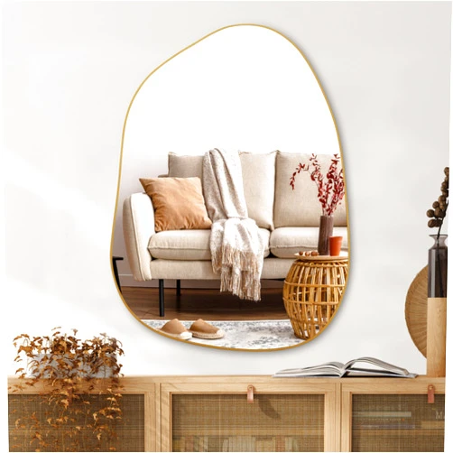 PERFNIQUE Irregular Wall Mirror Asymmetrical Mirror, 32''x24'' Golden Wood Framed Mirror for Bathroom Bedroom Living Room Entryway, Decorative Modern Wall Decor, Wall Mouted Mirror (Gold, 32''x24'')