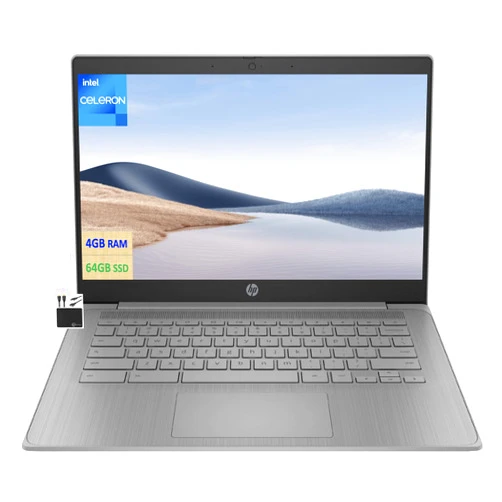 HP 2023 est Chromebook Laptop Student Business,14'' HD Display,Quad-Core Intel Celeron N4120 Processor,4GB RAM,64GB eMMC,720p Webcam,WiFi,Bluetooth,14+ Hrs Battery,Chrome OS+MarxsolCables Modern Gray