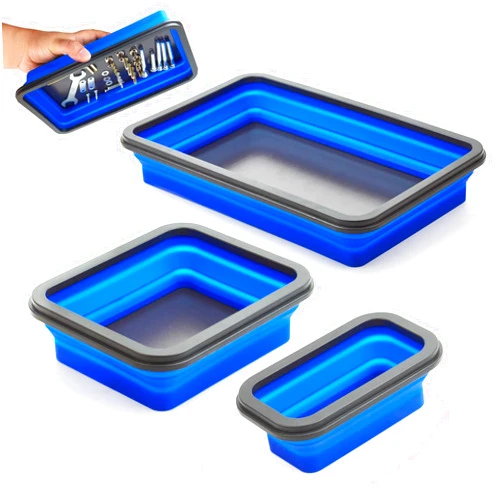 Stochastic box Collapsible Magnetic Parts Tray Set Foldable Magnetic Tray 3 Different Size Silicone Tool Trays for Screw, Bolts,Nuts,with Magnetic Base Stores and Organizes Small Parts and Tools
