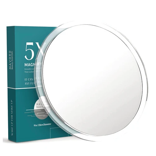 Mavoro 9'' Magnifying Mirror with 3 Strong Suction Cups | 5X Magnification | Portable Travel Makeup & Cosmetic Mirror (5X)